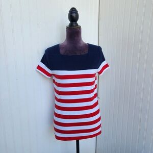 Chaps Classics Navy White Red Stripe Square Neck Short Sleeve T Shirt Nautical M